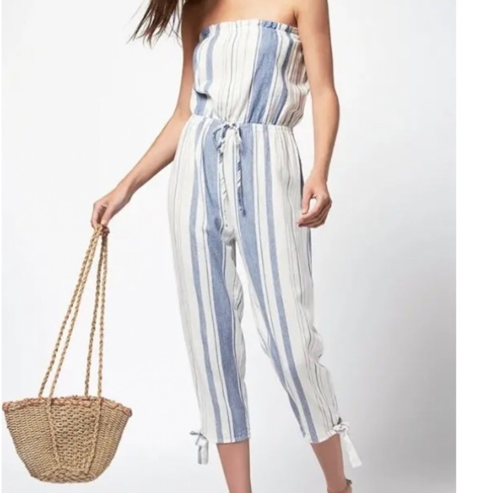 PAC-SUN LA Hearts Strapless Jumpsuit blue & white cropped w/ ties detail size S